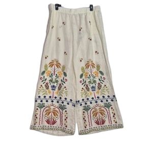 Johnny Was Embroidered Wide Leg Linen-Blend Pants - Cream with Multicolor Floral